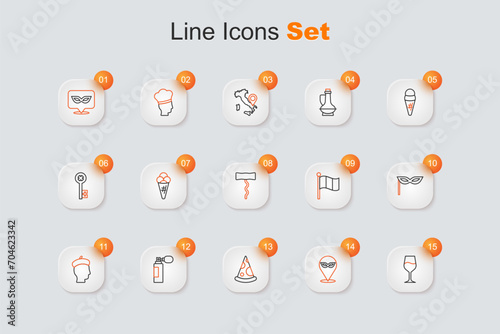 Set line Wine glass, Carnival mask, Slice of pizza, Perfume, French man, Flag Italy and corkscrew icon. Vector