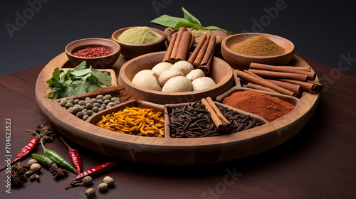 various Indian spices and seasonings on wooden tray