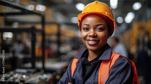 portrait of a smiling black female factory worker wearing a hard hat