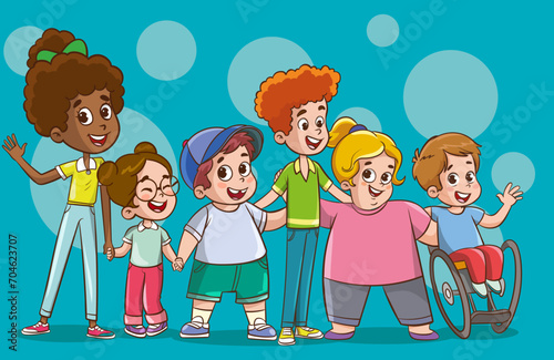 Happy kids cartoon collection. Multicultural children in different positions isolated on white background