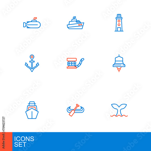 Set line Whale tail, Kayak and paddle, Yacht sailboat, Ship bell, Anchor, Marine bollard with rope, Lighthouse and Speedboat icon. Vector