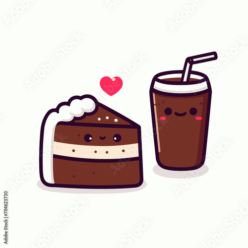 Kawaii cola drink and chocolate cake with a red heart  cute delicious dessert  vector illustration  generative ai