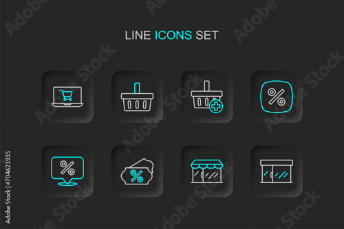 Set line Market store, Discount percent tag, Add Shopping basket, and cart on screen laptop icon. Vector