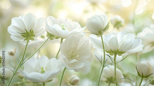 High-key photograph of delicate white flowers with subtle greenery, creating a soft and serene banner background. [Floral purity]