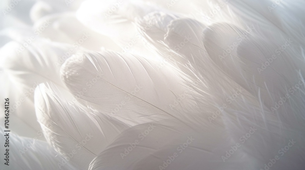 A close-up shot of delicate white feathers against a white background, creating a soft and ethereal banner design. [Feathered elegance]