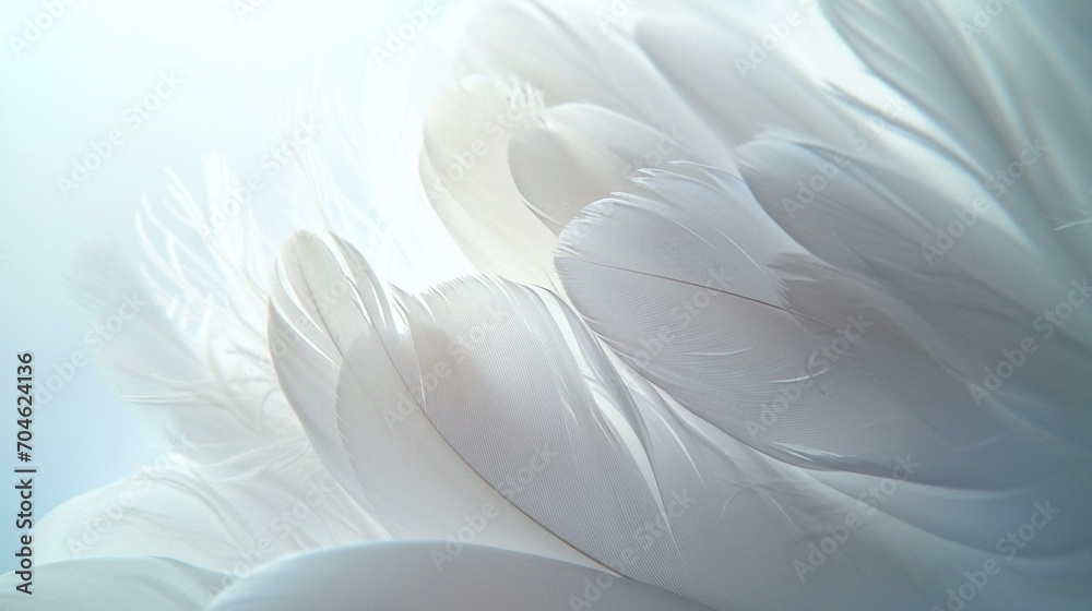 A close-up shot of delicate white feathers against a white background, creating a soft and ethereal banner design. [Feathered elegance]