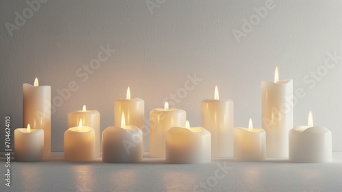 A minimalist composition of white candles in various heights, casting subtle shadows on a white background for a serene banner look. [Candlelight minimalism]