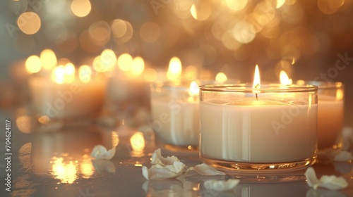 An arrangement of white candles in glass holders with reflections, creating a warm and inviting banner background. [Candle reflections]
