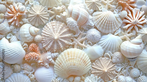 A collage of white seashells, coral, and sand dollars forming an intricate and coastal-inspired banner background. [Coastal collage] © Julia
