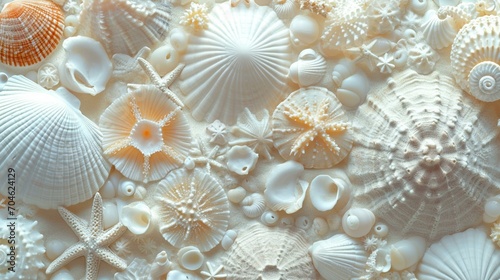 A collage of white seashells, coral, and sand dollars forming an intricate and coastal-inspired banner background. [Coastal collage]