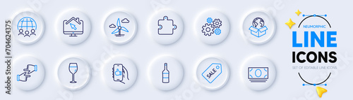 Global business, Click hands and Wine line icons for web app. Pack of Puzzle, Work home, Cash money pictogram icons. Like app, Wine glass, Windmill turbine signs. Cogwheel. Neumorphic buttons. Vector