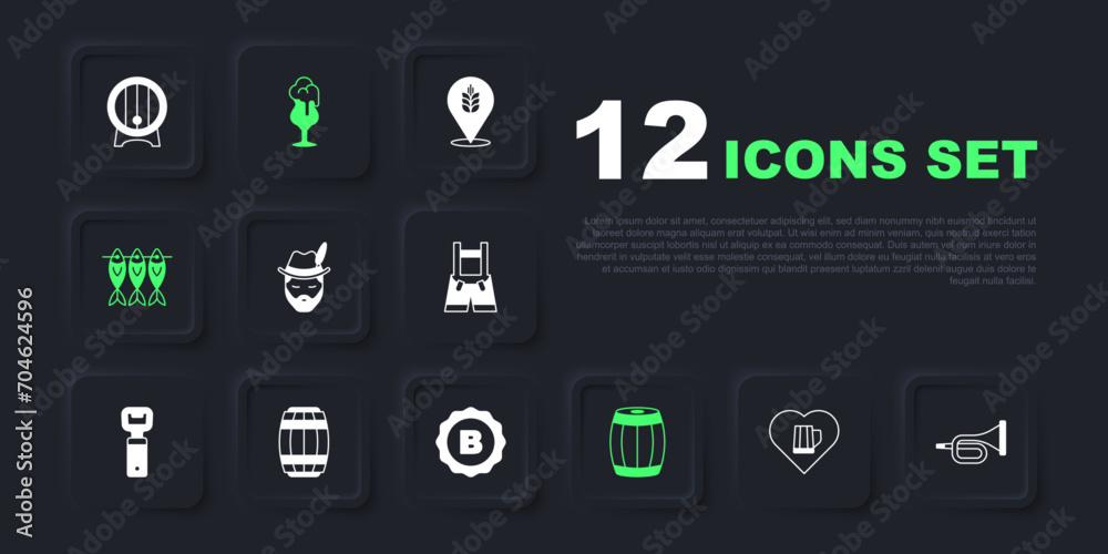 Set Heart with glass of beer, Trumpet, Oktoberfest man, Wooden barrel, Dried fish, Glass and Bottle cap icon. Vector Set Heart with glass of beer, Trumpet, Oktoberfest man, Wooden barrel, Dried fish, Glass and Bottle cap icon. Vector