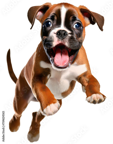 Cute boxer puppy jumping. Playful dog cut out at background.