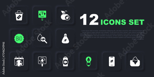 Set Mobile phone with leaf, Iceberg, Drop and magnifying glass, Light bulb, Banner for bio, Recycle clean aqua, symbol and Eco nature battery icon. Vector