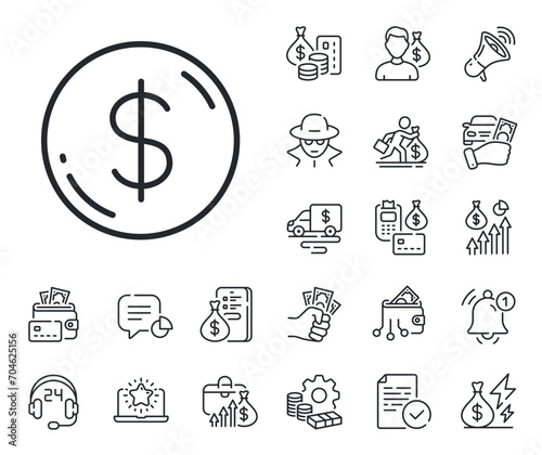 Usd currency sign. Cash money, loan and mortgage outline icons. Dollar money line icon. Cash coin symbol. Dollar money line sign. Credit card, crypto wallet icon. Inflation, job salary. Vector