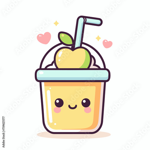 Cute apple smoothie in a cup with a straw and hearts, kawaii food vector illustration icon, generative ai