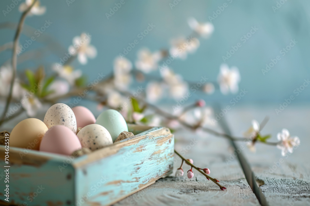 Easter background in pastel colors. Crate with eggs and spring blossom branches. Generative AI