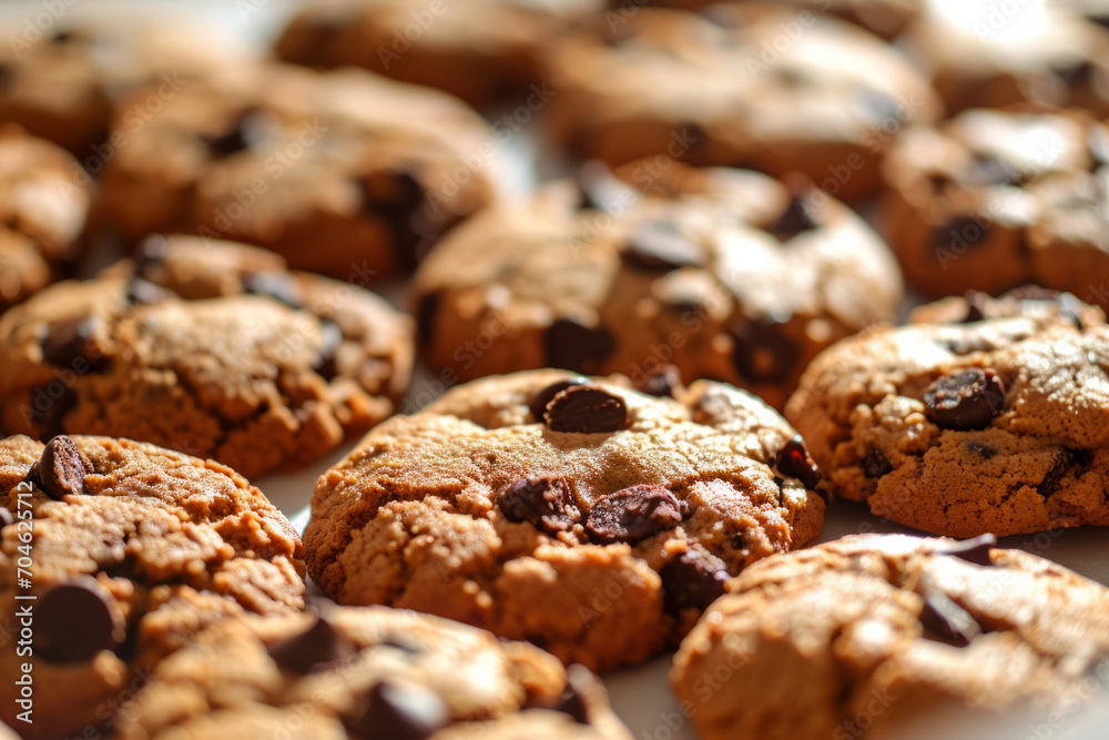 Closeup of chocolate chip cookies. Cookies background. Generative AI Closeup of chocolate chip cookies. Cookies background. Generative AI