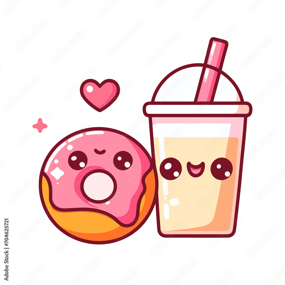Cute delicious donut and a milkshake with a pink heart, kawaii cartoon vector illustration icon, generative ai Cute delicious donut and a milkshake with a pink heart, kawaii cartoon vector illustration icon, generative ai