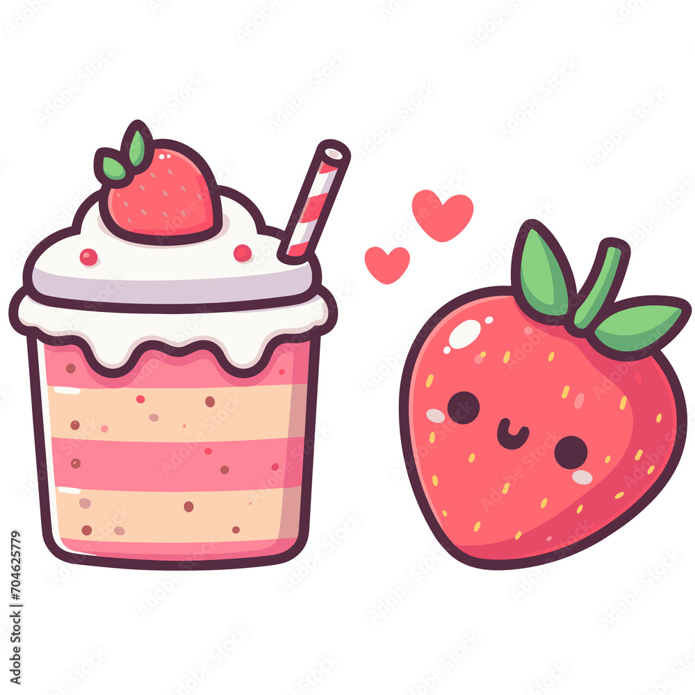 Strawberry cake and strawberry smoothie. Vector illustration in kawaii cartoon style, generative ai Strawberry cake and strawberry smoothie. Vector illustration in kawaii cartoon style, generative ai