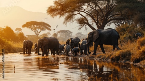 Nature documentary, elephants at a watering hole, African savanna, herd with playing calves, soft diffused daylight, birds in the sky. photo