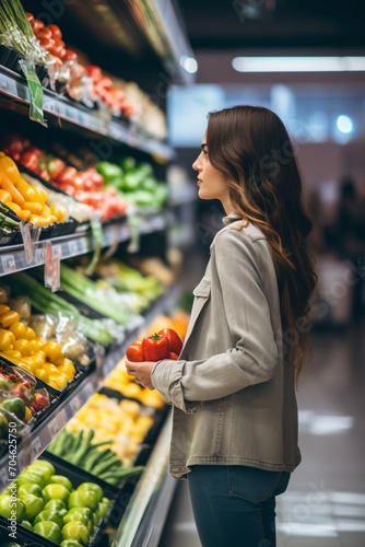 A young woman is choosing bell peppers in a grocery store