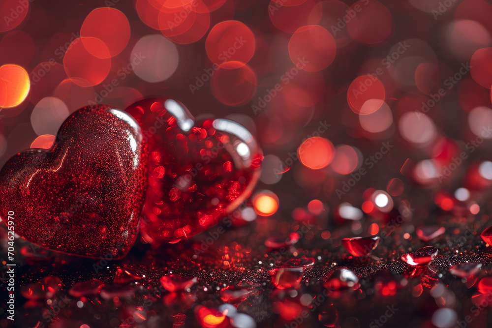 Two red hearts on shiny background. Valentine's day concept. Generative AI Two red hearts on shiny background. Valentine's day concept. Generative AI