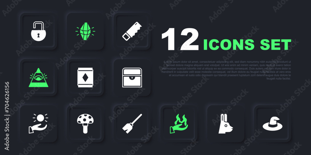 Set Rabbit with ears, Witch hat, Magic carpet, Hand holding fire, All-seeing eye of God, Psilocybin mushroom, stone and Witches broom icon. Vector Set Rabbit with ears, Witch hat, Magic carpet, Hand holding fire, All-seeing eye of God, Psilocybin mushroom, stone and Witches broom icon. Vector