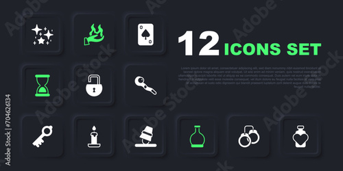 Set Handcuffs, Bottle with love potion, Open padlock, Old hourglass, Burning candle, holding fire and Game thimbles icon. Vector