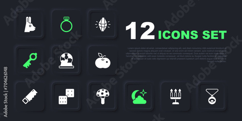 Set Candlestick, Medallion on chain with eye, Magic ball, Moon stars, Old magic key, Game dice, stone ring and Psilocybin mushroom icon. Vector