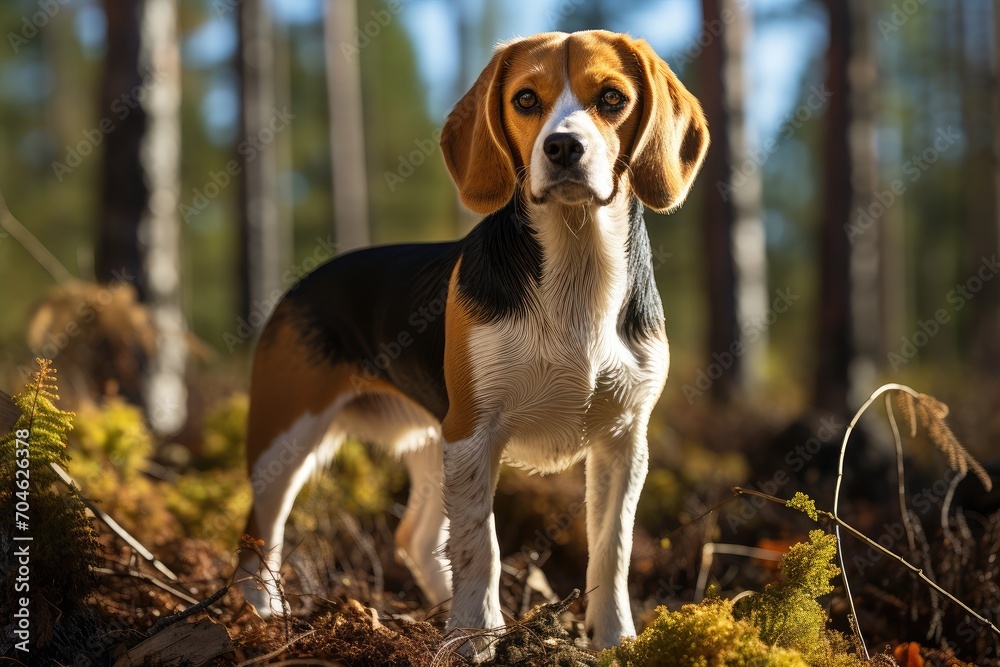 Beautiful beagle dog standing outdoor against overcast autumn nature background