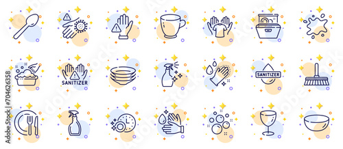 Outline set of Dishes, Spoon and Wash hand line icons for web app. Include Washing cleanser, Glass, Cleaning mop pictogram icons. Spray, Clean hands, Tea cup signs. Clean bubbles, Dish. Vector