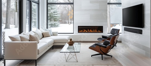 White ceramic-tiled non-combustible surround with glass front black metal gas fireplace. photo