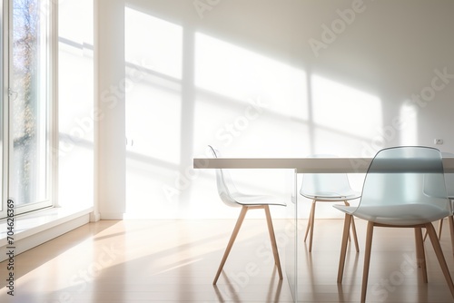 Four chairs and a table in a bright room with large windows