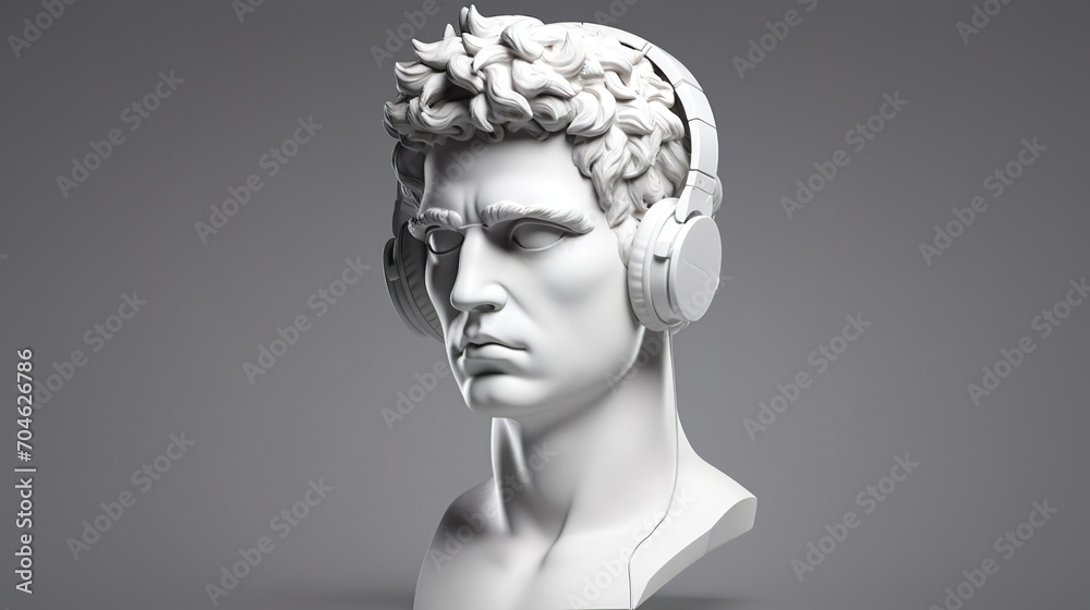 Gypsum statue of David head Man Plaster statue wearing headphones.