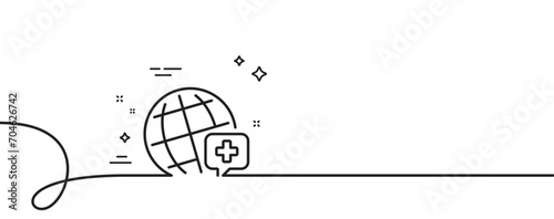 World medicine line icon. Continuous one line with curl. Medical help sign. Pharmacy medication symbol. World medicine single outline ribbon. Loop curve pattern. Vector