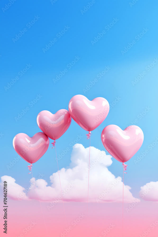 Holiday vertical card for Valentine's Day with pink balloons in blue sky - copy space for text