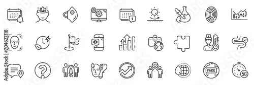 Icons pack as Electronic thermometer, Fingerprint and Notification line icons for app include Calendar, Settings, World water outline thin icon web set. Global business, Analysis graph. Vector photo