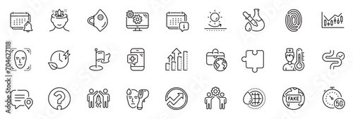 Icons pack as Electronic thermometer, Fingerprint and Notification line icons for app include Calendar, Settings, World water outline thin icon web set. Global business, Analysis graph. Vector