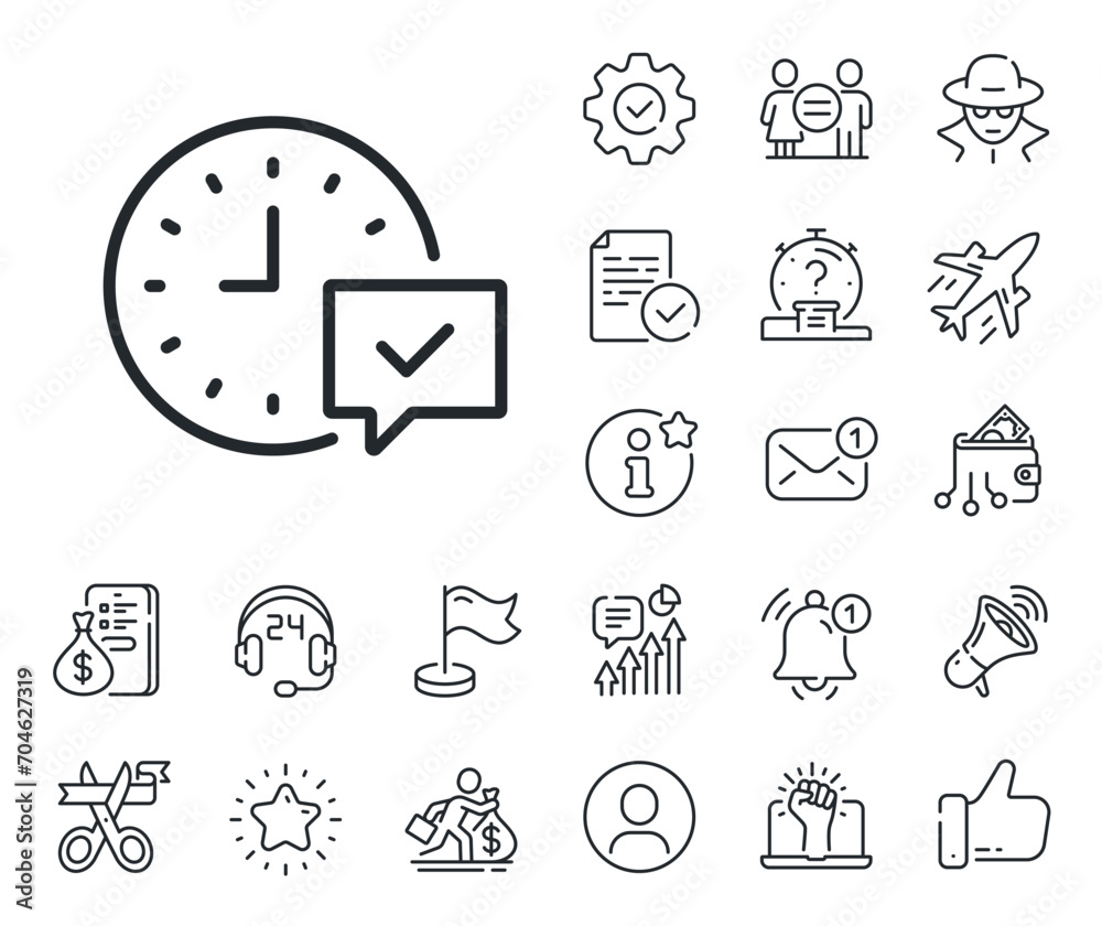 Select alarm sign. Salaryman, gender equality and alert bell outline icons. Time line icon. Select alarm line sign. Spy or profile placeholder icon. Online support, strike. Vector