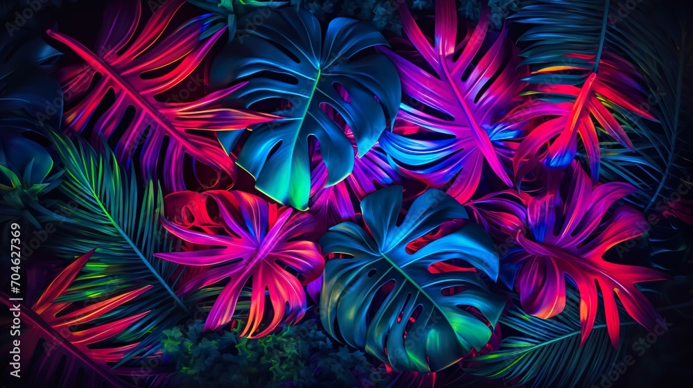 Naklejka premium Neon color tropical leaves. Trendy colorful palm tree leaf.