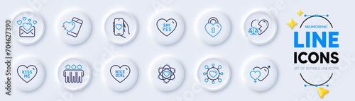Kiss me, Friendship and Heart line icons for web app. Pack of Dating, Divorce lawyer, Male female pictogram icons. Nice girl, Atom, Love mail signs. Dating app, Love lock, Say yes. Vector
