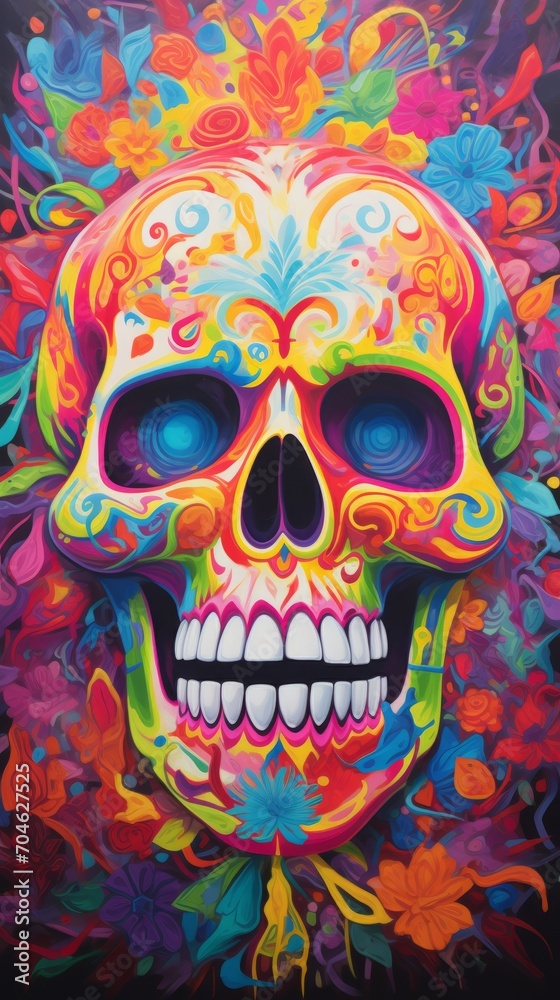 Colorful Flowers Adorning a Skull