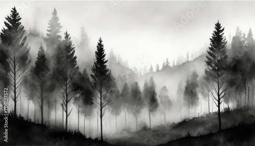 Minimalist black and white moody forest landscape with fog and mist, watercolor art style photo