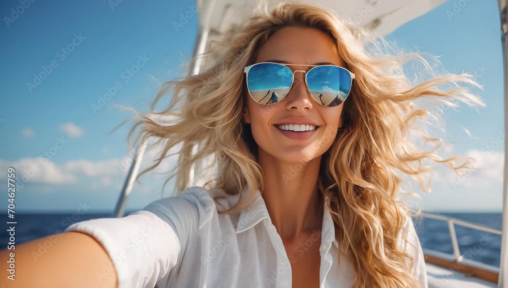 Portrait of a happy beautiful blonde girl on vacation at sea on a yacht outdoor