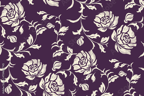 Rose Floral pattern seamless paisley embroidery on dark background.  Silhouette flower motif background border ethnic Baroque style abstract vector illustration vintage design for print template.