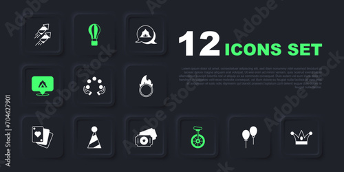 Set Balloons with ribbon, Jester hat bells, Juggling ball, Unicycle, Circus tent, Party, Hot air balloon and ticket icon. Vector