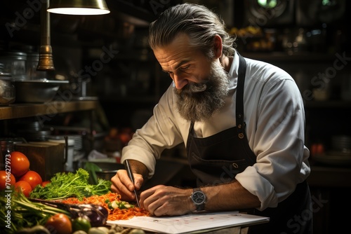 Professional chef writing down ideas for new recipe in diary