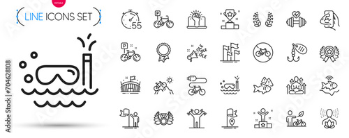 Pack of Ole chant, Dumbbells workout and Fitness line icons. Include Flag, Electric bike, Leadership pictogram icons. Empower, Timer, Bicycle prohibited signs. Bike, Yoga, Success. Vector