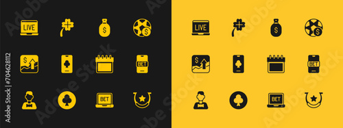 Set Football betting money, Playing card with clubs symbol, Calendar, Online sports, poker table game, Money bag, and Casino slot machine clover icon. Vector